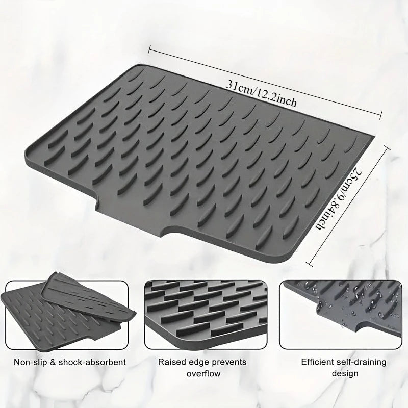 tapis drainage cuisine silicone gris moderne rayures diagonales opaques facile nettoyage drainintégrée gain place