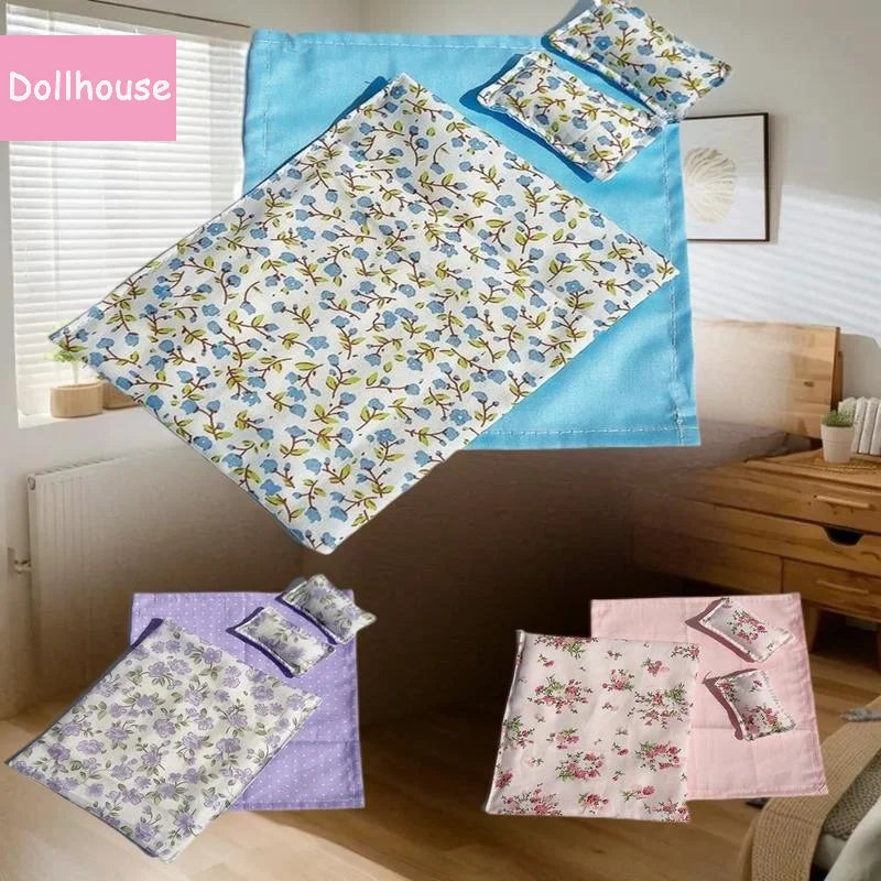 ensemble literie maison poupée lit tête lit métal couverture drap taies oreillers motifs floraux