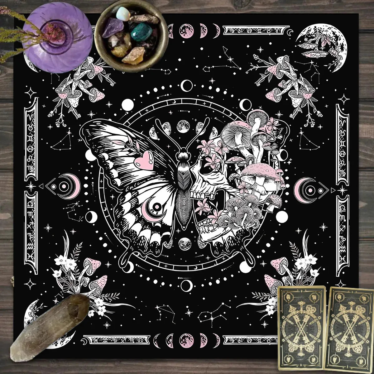tapis décoratif phénix papillons cristaux astrologie noir rose blanc vert bleu doré moderne fantastique