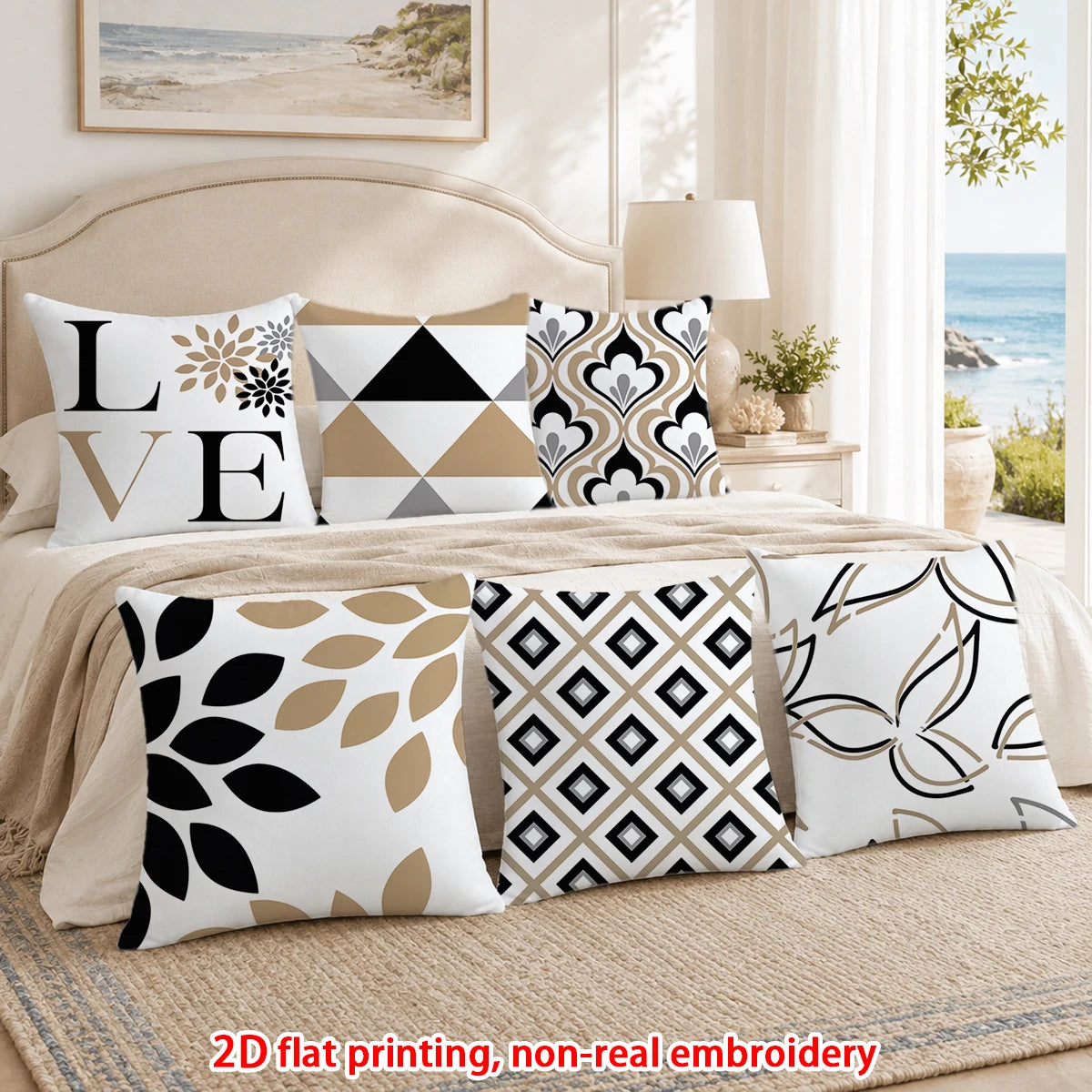 lot coussins décoratifs géométriques blanc noir beige canapé salon moderne polyester