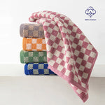 serviettes bain coton carreaux violet orange vert gris rapide moderne