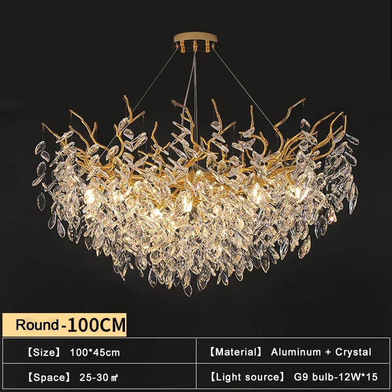 Suspension lumineuse contemporaine transparente dorée branches feuilles LED 100cm