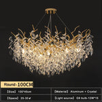 Suspension lumineuse contemporaine transparente dorée branches feuilles LED 100cm