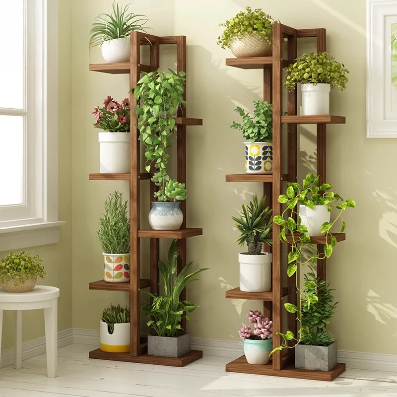 étagère plante bois moderne multi niveaux marron clair blanc pots minimaliste