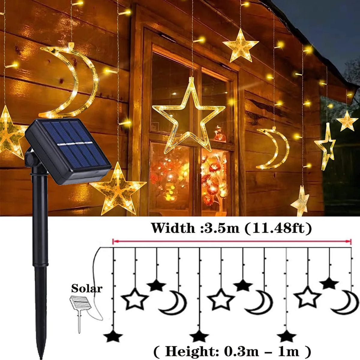 guirlande lumineuse étoiles lunes solaire led blanc doré moderne festif clips extérieur noël ramadan