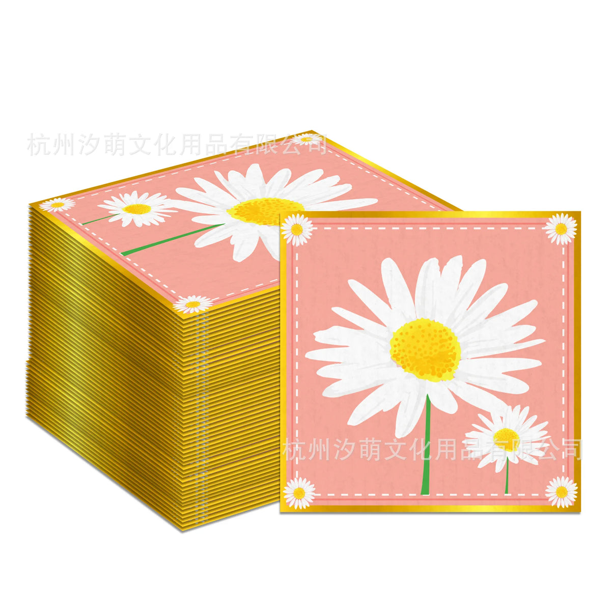 serviettes papier festives fleur blanche carreaux motif géométrique rose clair pliées dépliées jetables anniversaire