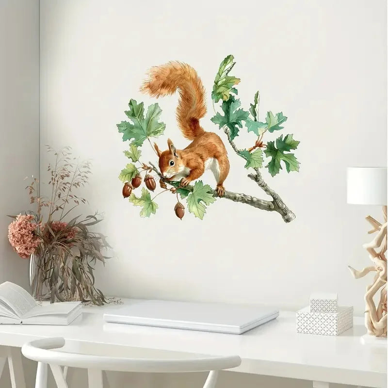autocollants murals pvc réutilisables illustration écureuil glands branche feuilles moderne marron blanc vert adhésifs