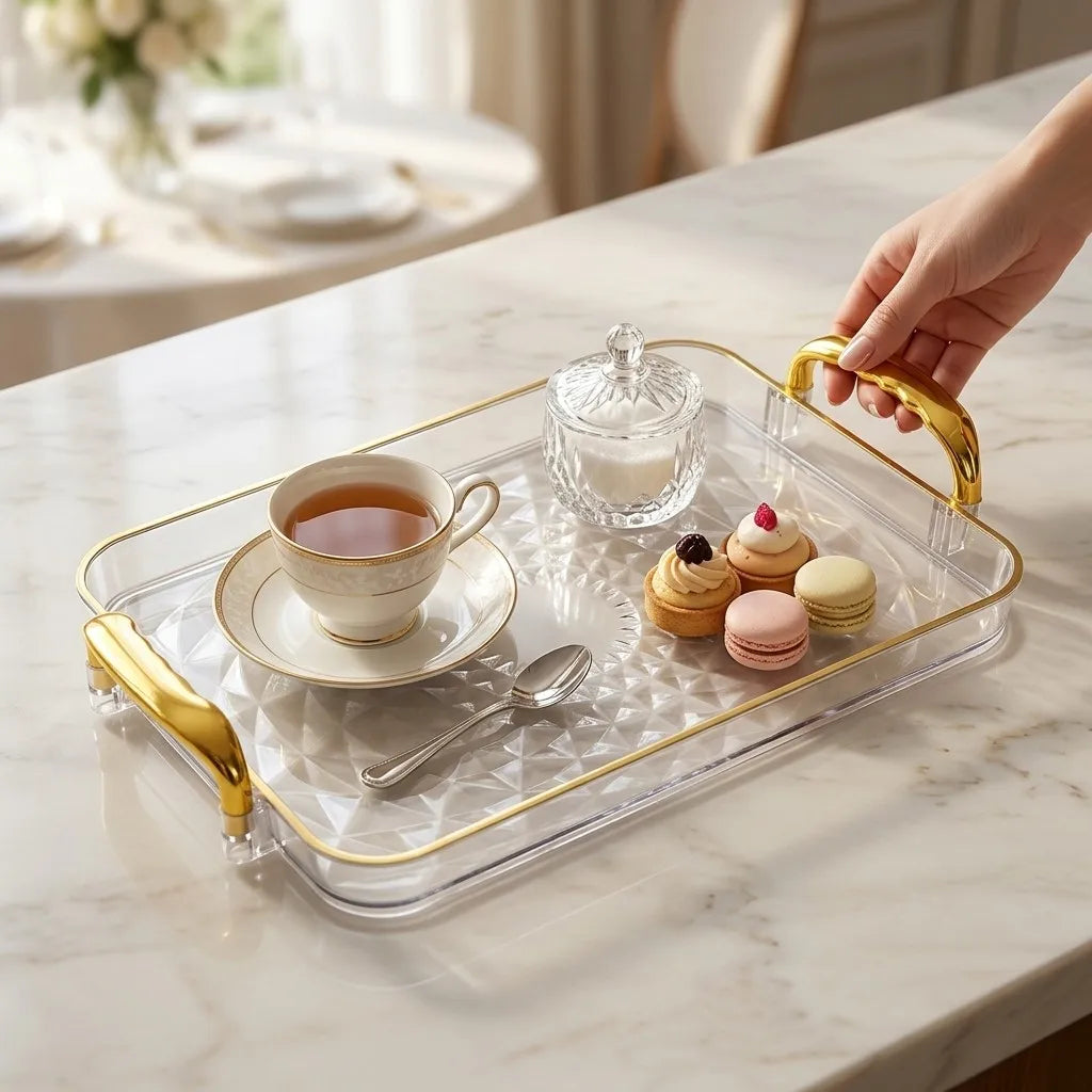 plateau rectangulaire transparent moderne poignées dorées diamant 3d nourriture rangement cuisine élégant respectueux environnement