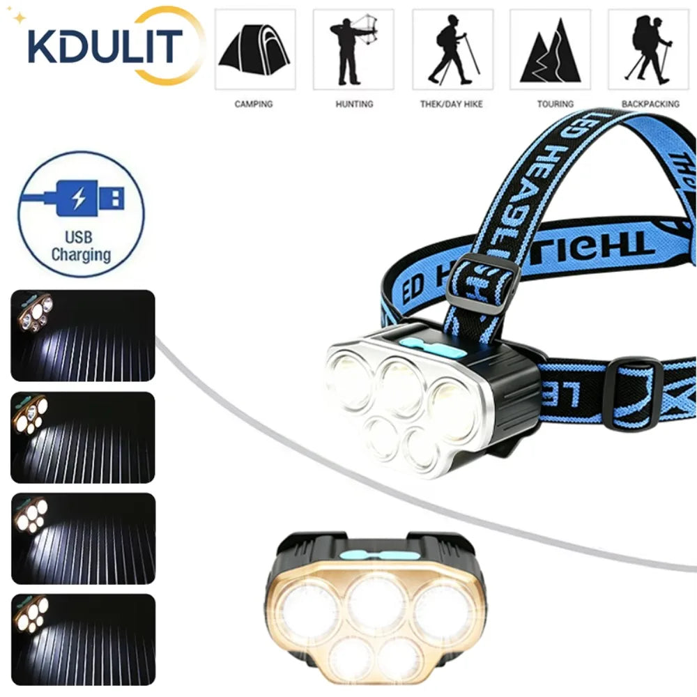 lampe frontale led rechargeable usb pêche chasse camping étanche modes luminosité bandes ajustables interrupteur