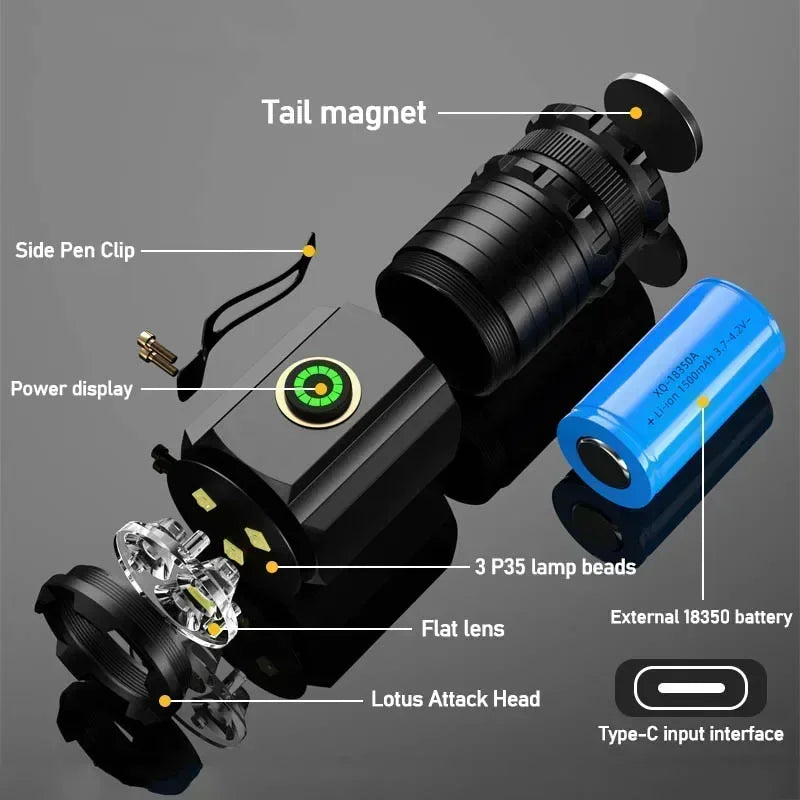 lampe torche led rechargeable tactique robuste étanche aimant clip lotus attack head