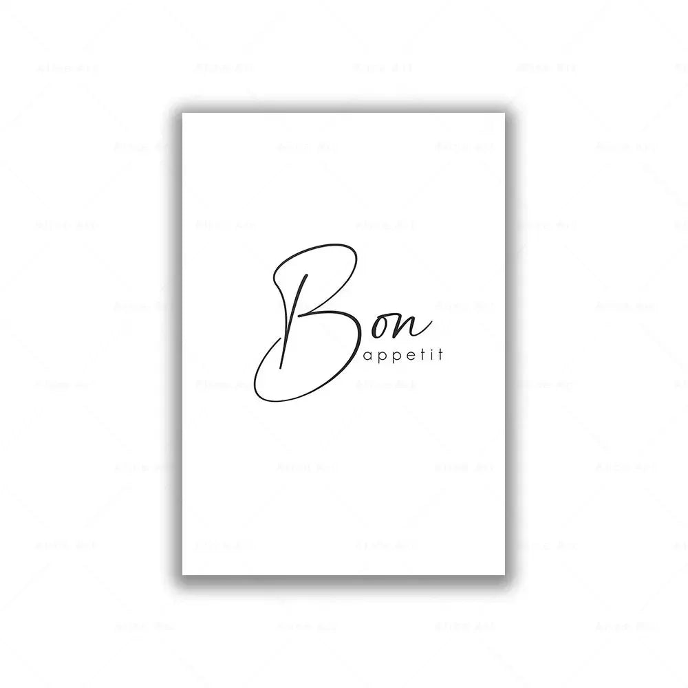 affiche moderne bon appétit lettrage calligraphique fourchette cuillère blanc noir minimaliste