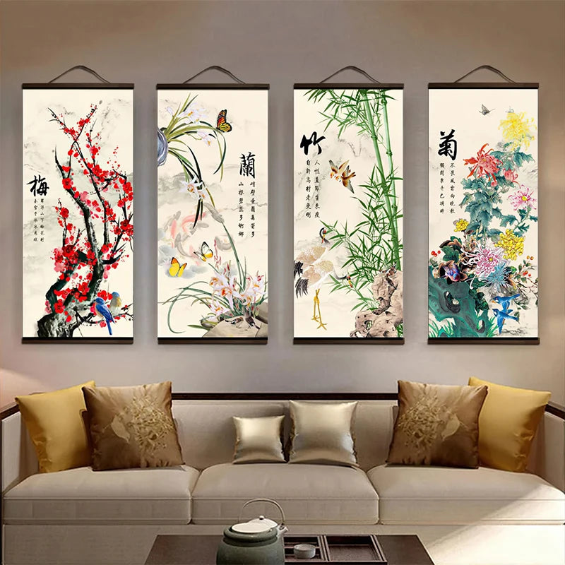 toile imprimée motifs floraux chinois bambou orchidée chrysanthème décoration murale rouleaux peinture asiatique traditionnelleSuspension