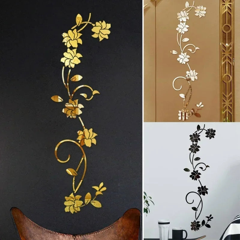 sticker mural fleurs or argent noir moderne adhésif décoration intérieure chambre salon 3d plantes
