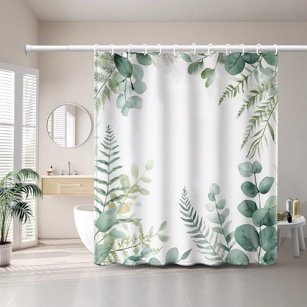 rideau douche moderne feuilles vertes aquarelle polyester blanc opacité naturel machine laver 120x180cm