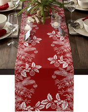 nappe festive noel motifs houx rouges blanches table decorationbranches sapin baies boules rouge blanc