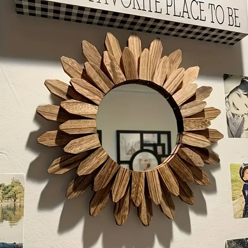 miroir mural bois naturel forme tournesol décoratif rustique chambre salon