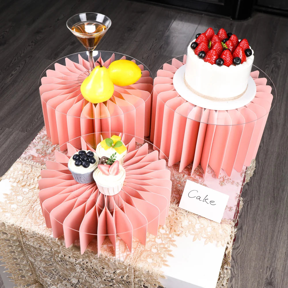 support présentation gâteau rose plissé moderne lot cinq socles cylindriques décoration fête