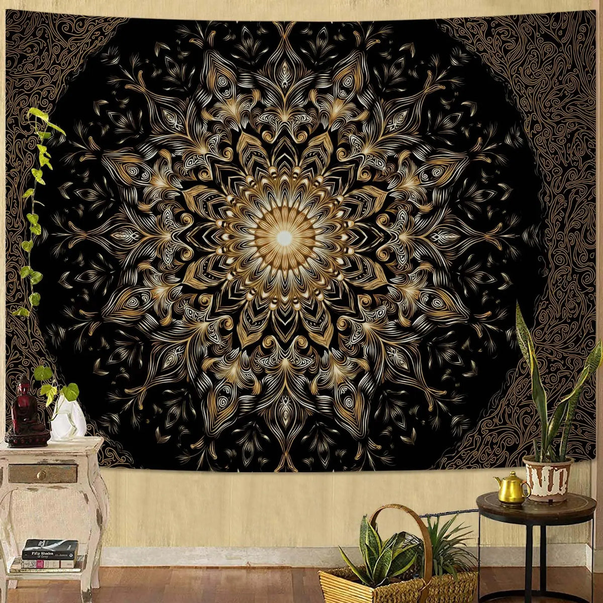 tapisserie bohème mandala motifs floraux marron orange beige douce chambre coucher