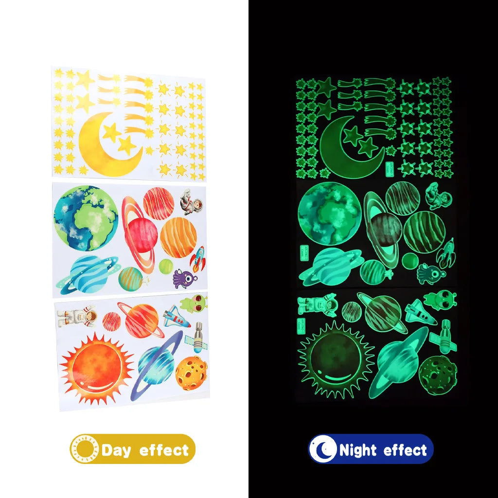 Stickers muraux planètes étoiles fusées astronautes enfants bleu vert illustratifs glow dark chambre bedroom