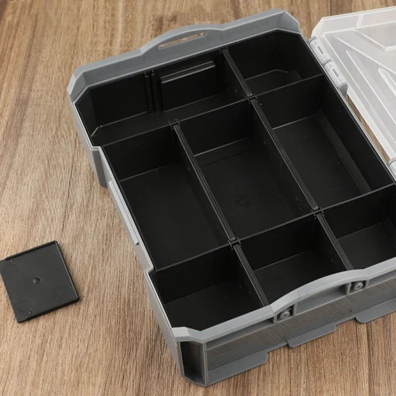 boîtes rangement outils plastique réutilisables gris transparent compartiments modernes poignées
