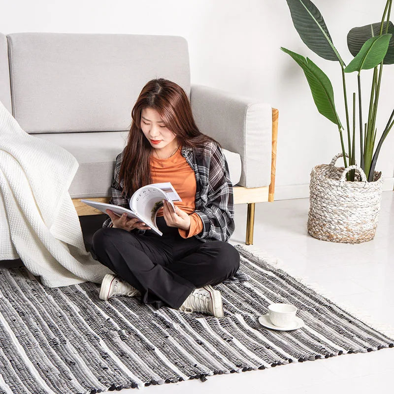 tapis boho ethnique marron beige noir bleu vert gris blanc multicolore rayures horizontales franges