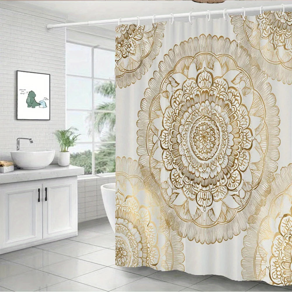 rideau douche boho chic mandala blanc doré motifs floraux anneaux métalliques 180x180cm