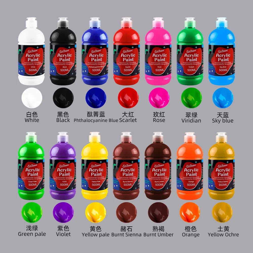 peinture acrylique 500ml blanc noir bleu rouge vert jaune orange pinceau papier dessin bouchon