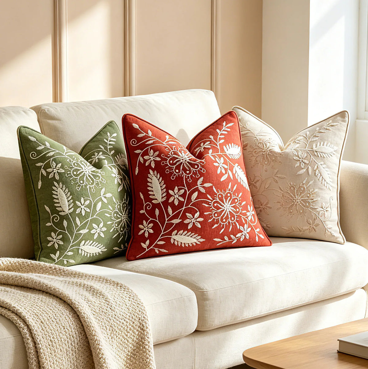 housse coussin carré brodé tissu chenille motif floral vert rouge décor maison lit sofa