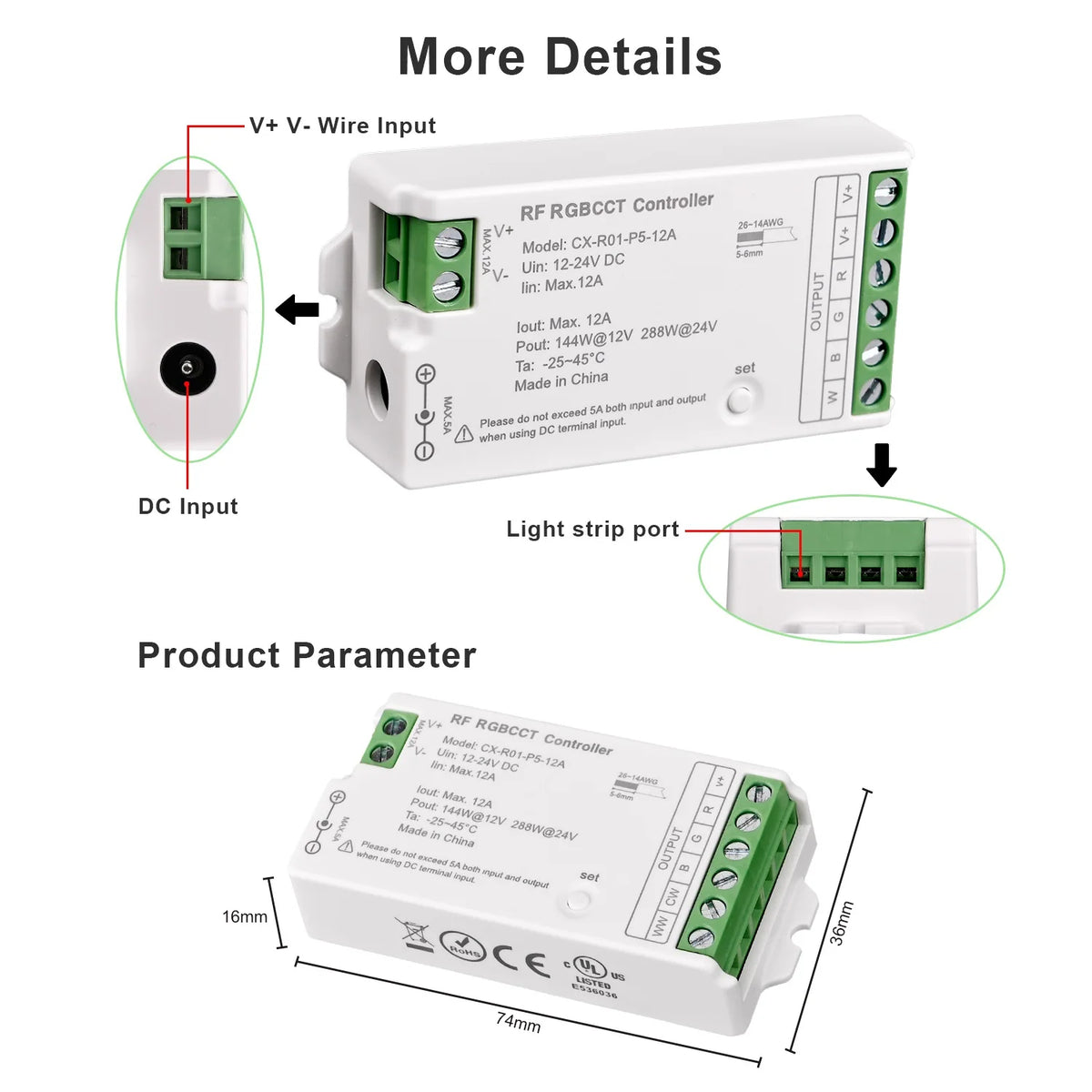 contrôleur led rf télécommande dimmable rgb rgbw cct bande lumineuse 12v 24v sans fil