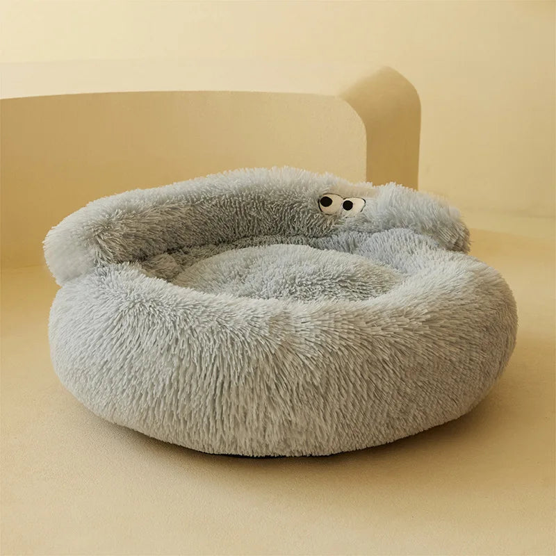 coussin peluche rond doux chat chien lit animal confortable beige gris vert