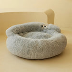 coussin peluche rond doux chat chien lit animal confortable beige gris vert