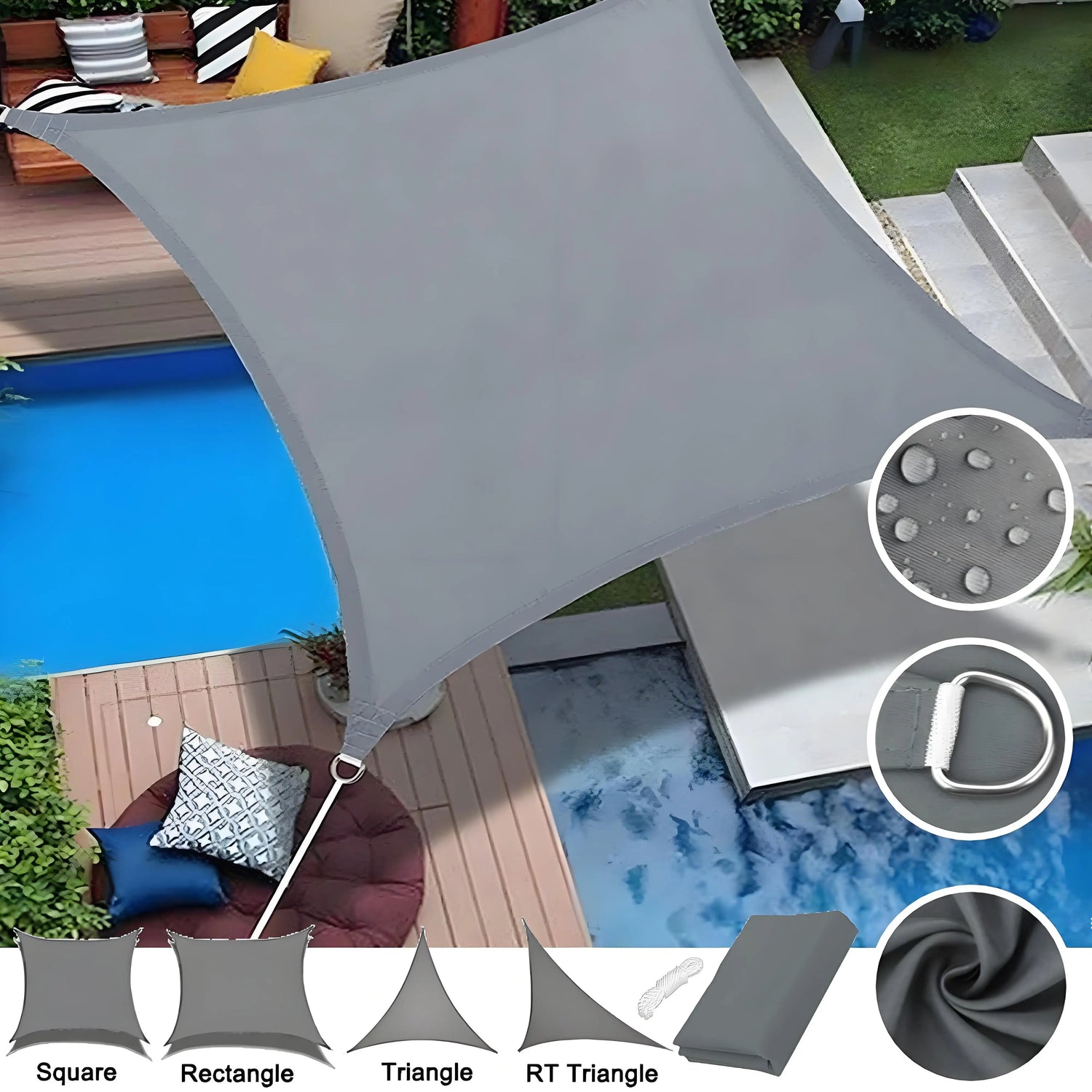 Voile d'ombrage imperméable gris installée sur une terrasse