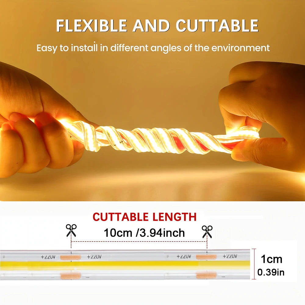 ruban led flexible cob 220v autocollant blanc chaud salon cuisine chambre moderne