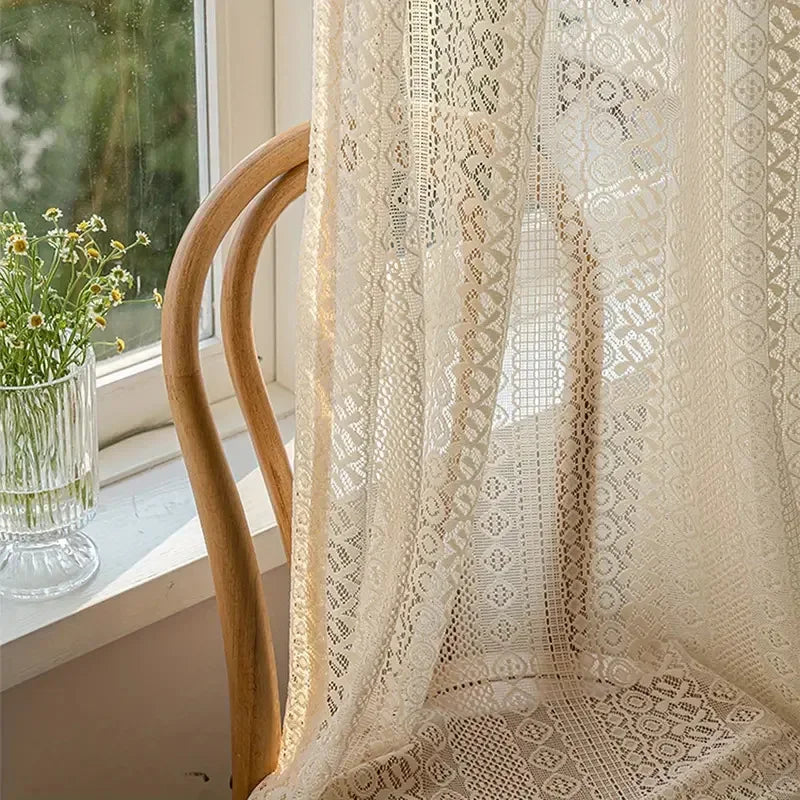 rideau polyester semi transparent beige dentelle géométrique classique maison bureauextérieur simple