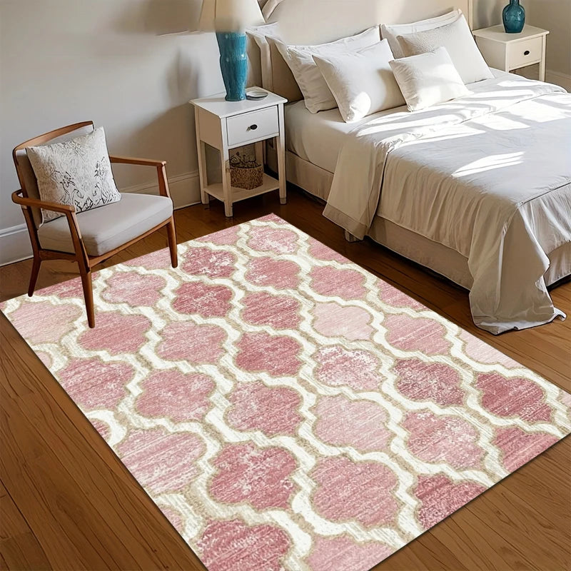 tapis moderne rose clair motif géométrique polyester antidérapant salon chambre coucher