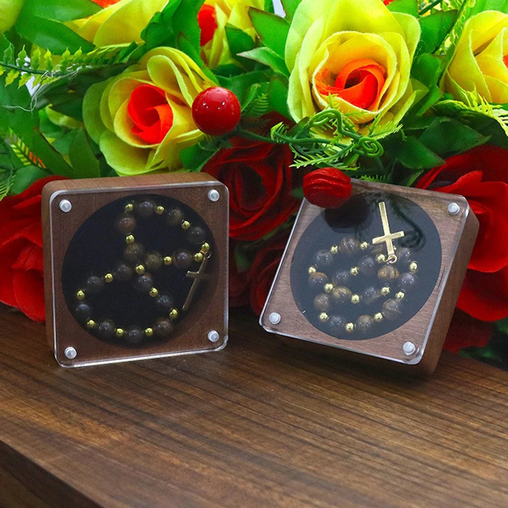 présentoir bijoux bois couvercle transparent boîte décoration religieuse chapelet croix fleurs artificielles porte bijoux