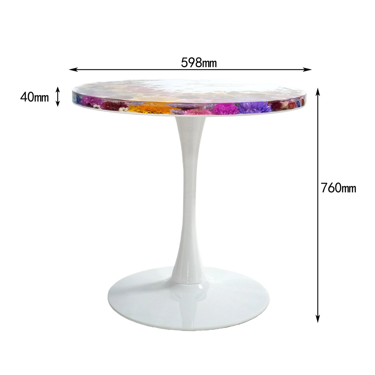 table ronde résine fleurs séchées blanc multicolore moderne tulipier transparent