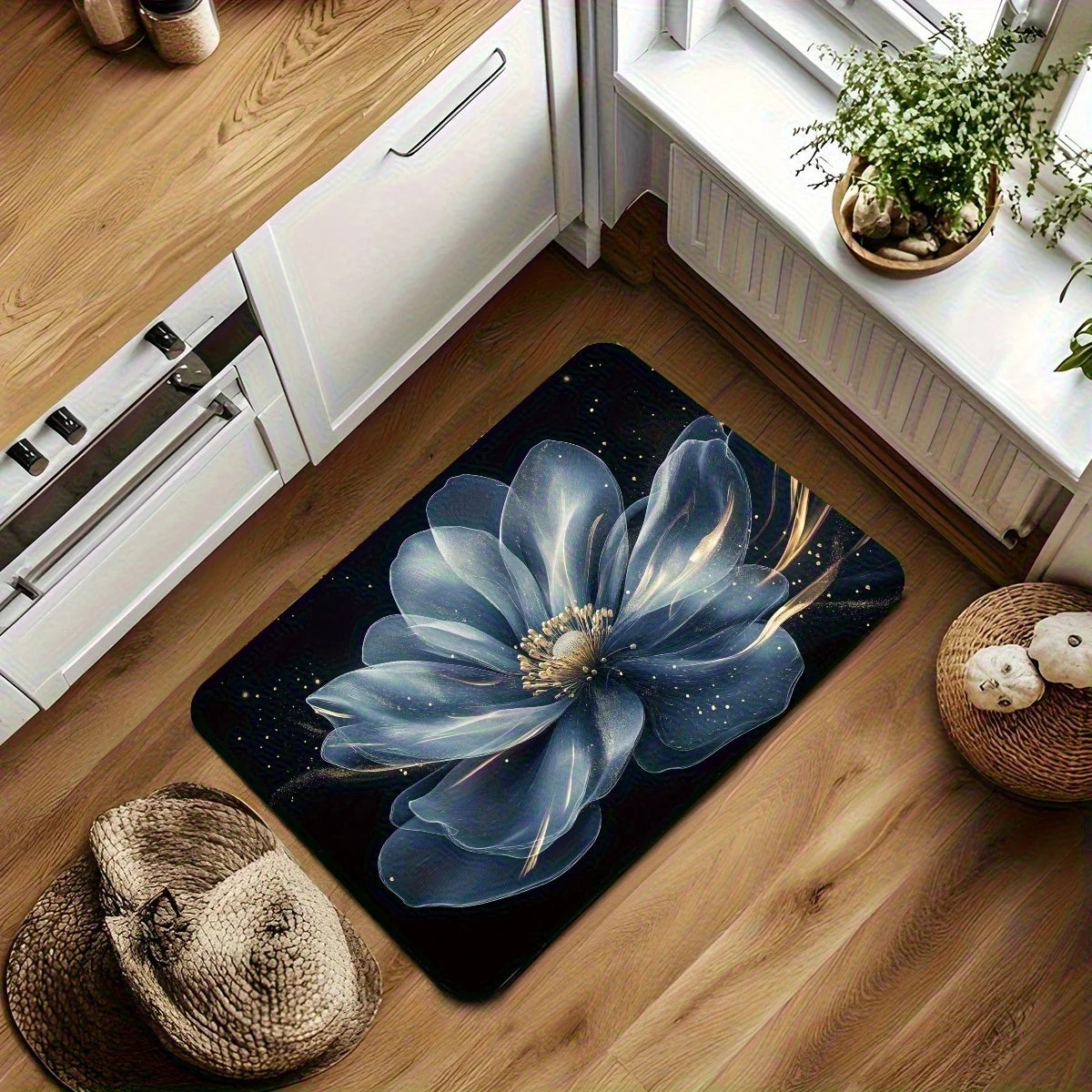 tapis salle bain bleu fleurs moderne absorbant non glissant lavable élégant respectueux environnement PVC