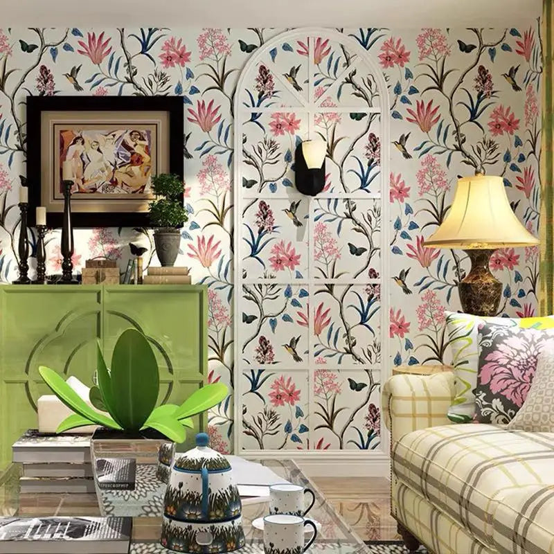papier peint fleurs oiseaux adhésif vinyle pvc classique romantique beige rose vert bleu gris