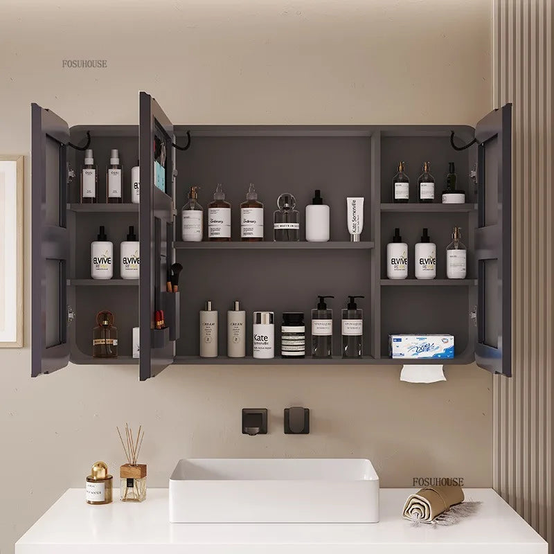 armoire salle bain murale miroir led rangement porte coulissante moderne blanc gris