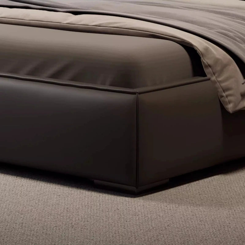 lit double moderne bois gris foncé simili cuir dossier souple chambre coucher