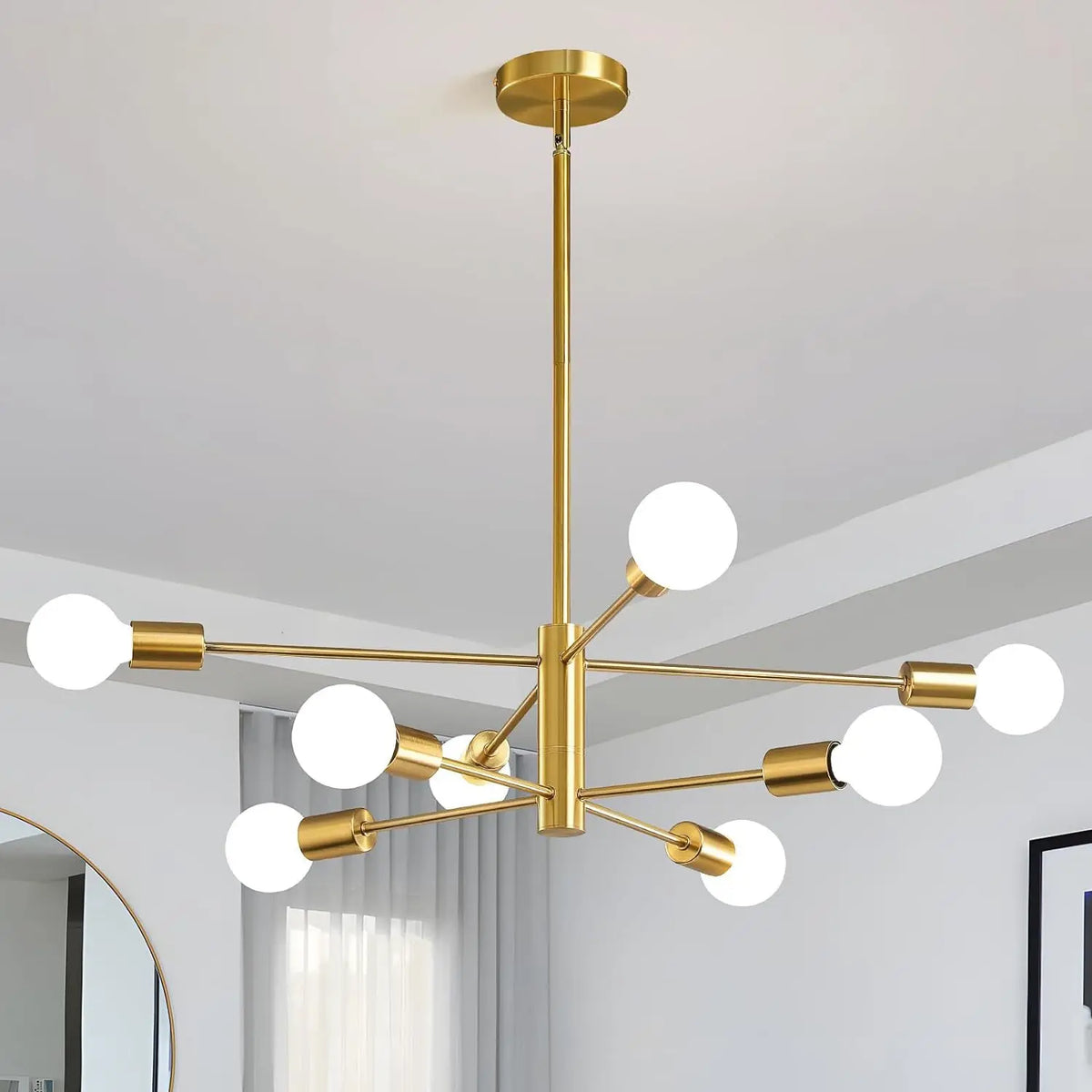 lustre moderne 10 ampoules doré noir chrome sphères blanches structure métallique scandinave