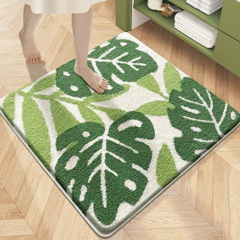 tapis bain microfibre carré motif fleurs moderne doux absorbant salle bain vert blanc