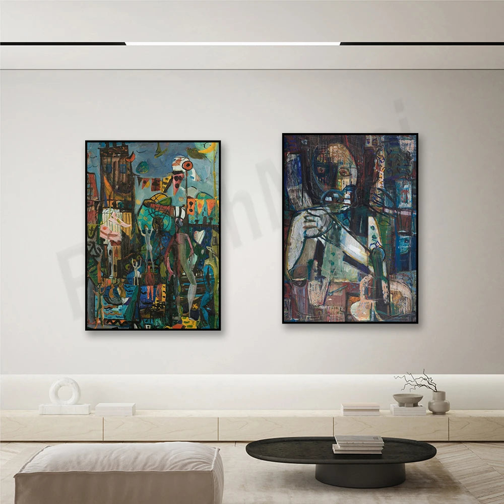Deux tableaux abstraits colorés et expressifs décorent élégamment le mur, créant une ambiance artistique et contemporaine dans cette pièce moderne.