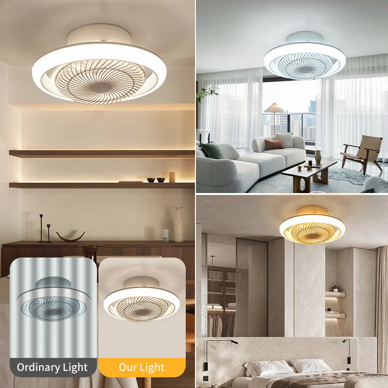 ventilateur moderne lumière led blanc lames noires six vitesses télécommande