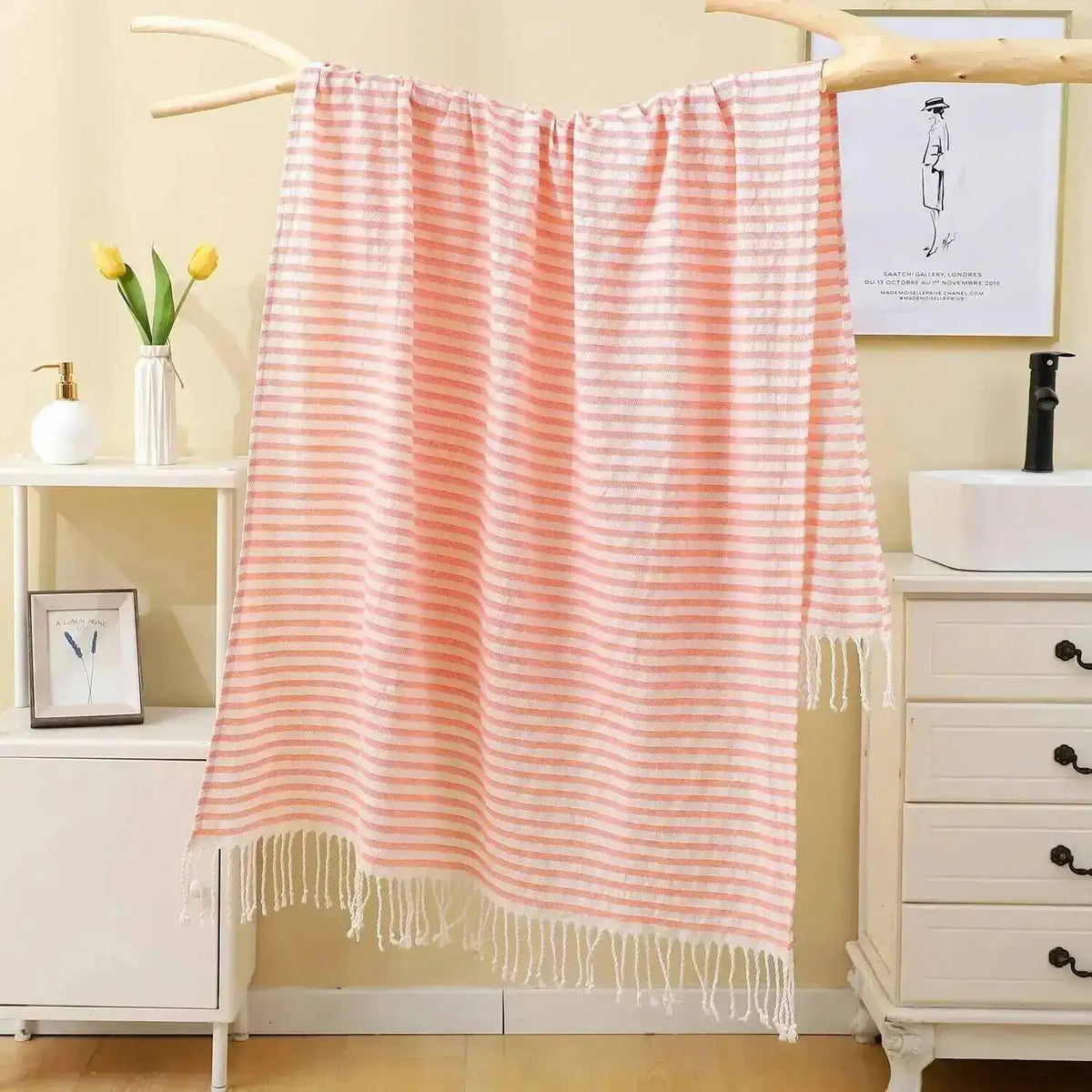 serviette bain coton polyester 100x180cm rayées franges moderne absorbante plage voyage