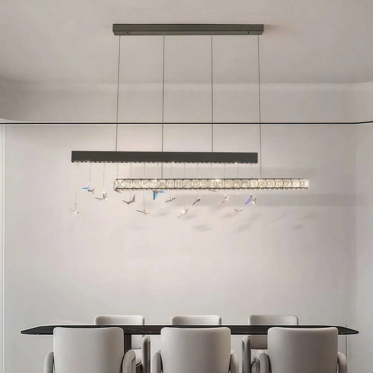 Suspension lumineuse moderne cristaux facettés oiseaux suspendus noir doré transparent