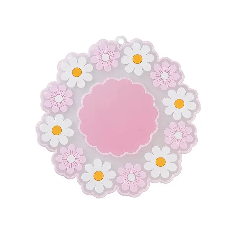 tapis table silicone moderne fleurs blanches bordure dentelée bleu rose blanc