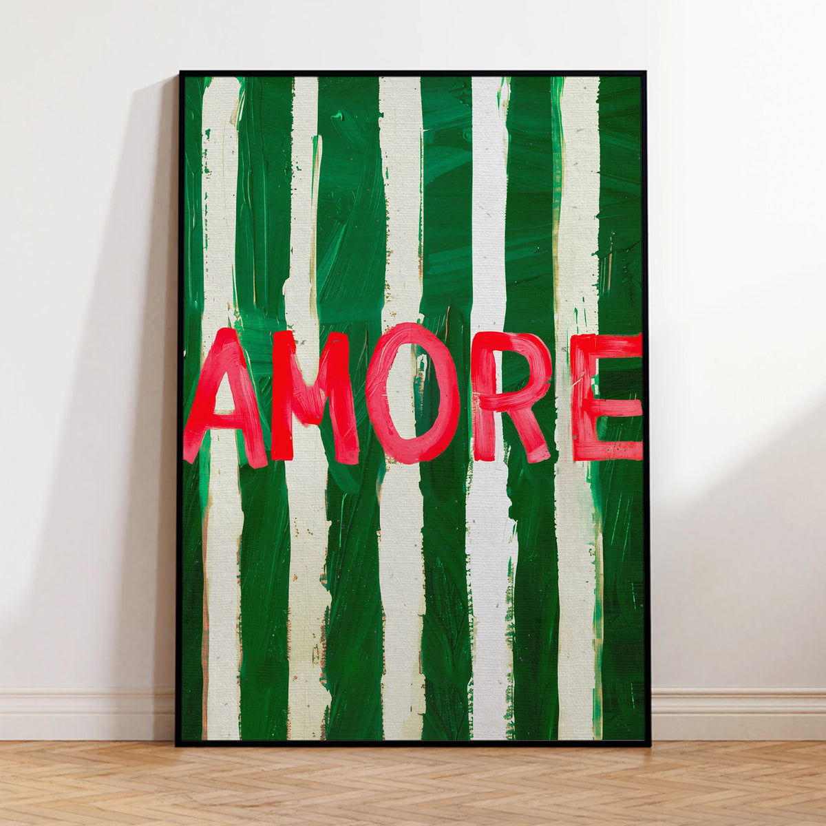 affiche moderne vert amore cadre métal chambre salon rouge blanc rayures vertical