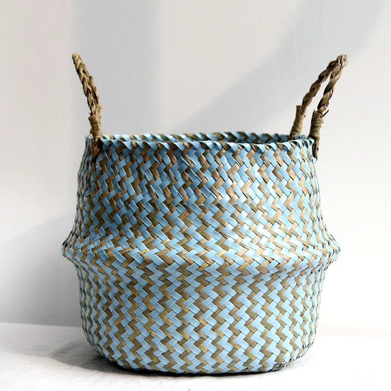 panier rangement tressé bleu beige zigzag ours peluche bois poignées